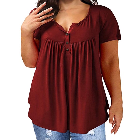 Tops - Button Blouse Top Pleated Peplum Burgundy Plus